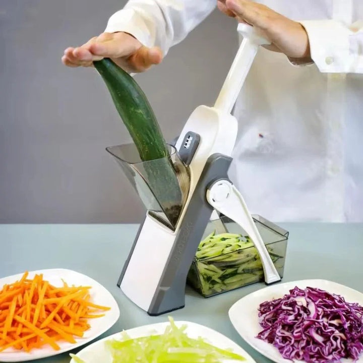 Belro 5-in-1 vegetable slicer with collecting tray, compact kitchen appliance for slicing, dicing, and shredding vegetables.