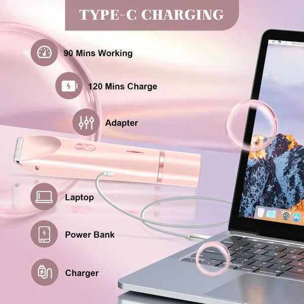 Belro women's electric shaver and bikini trimmer with sleek design, showing the device and attachments for personal grooming.