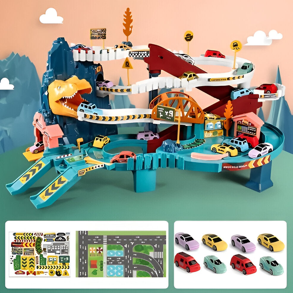 Belro Dinosaur Race Track for automotive play, featuring colorful dinosaur-themed race cars on a vibrant track.