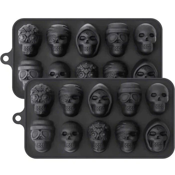 Skull-shaped ice cubes in a Belro silicone tray for fun, novelty ice at home or parties.