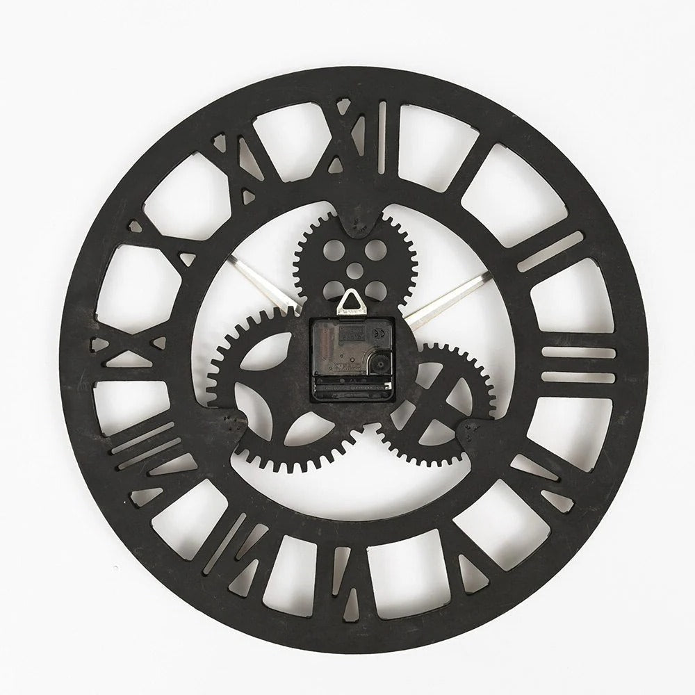 Belro industrial wall clock with black metal frame and large white dial, perfect for home and garden decor.