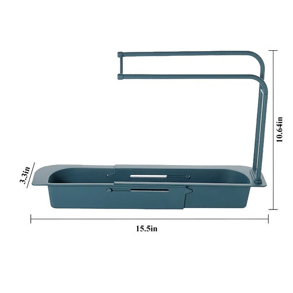 Belro expandable sink organizer in a kitchen, with multiple compartments for utensils and cleaning supplies.