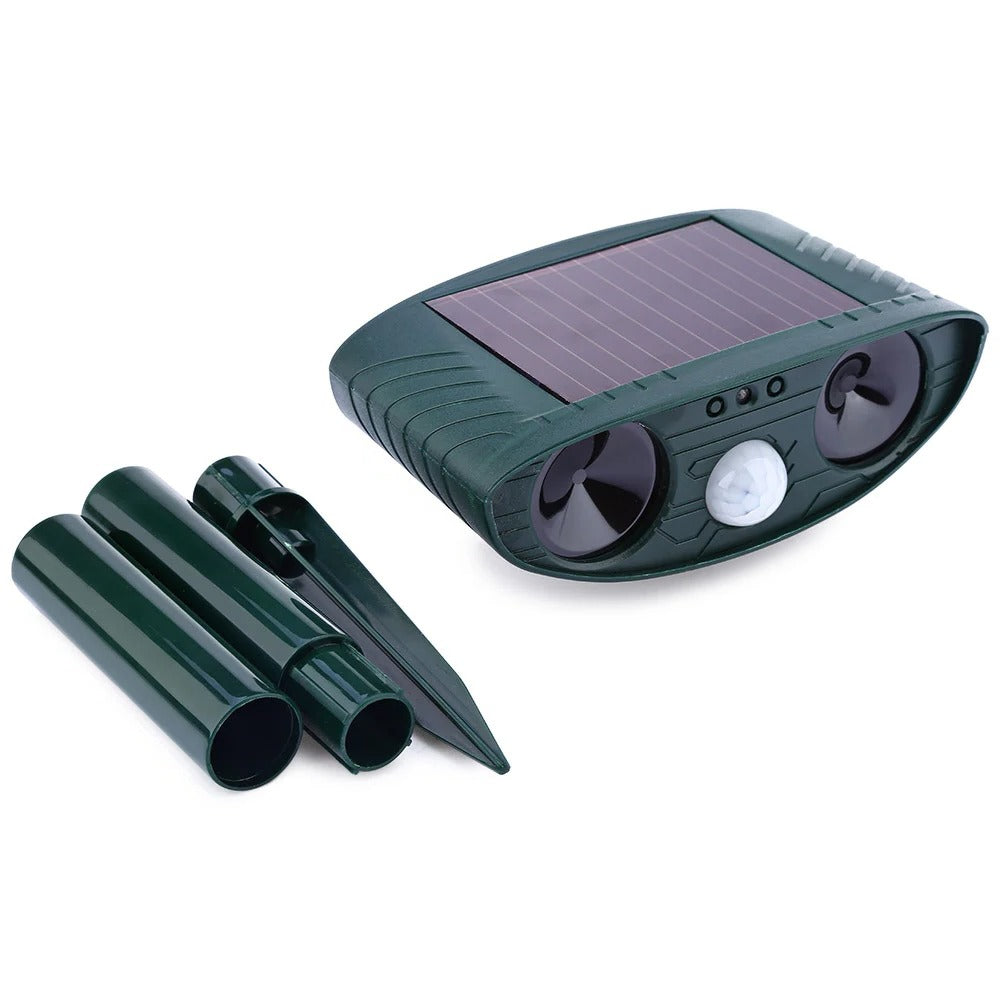 Belro Ultrasonic Woodpecker Repellent in outdoor garden setting, designed to deter woodpeckers and protect trees.
