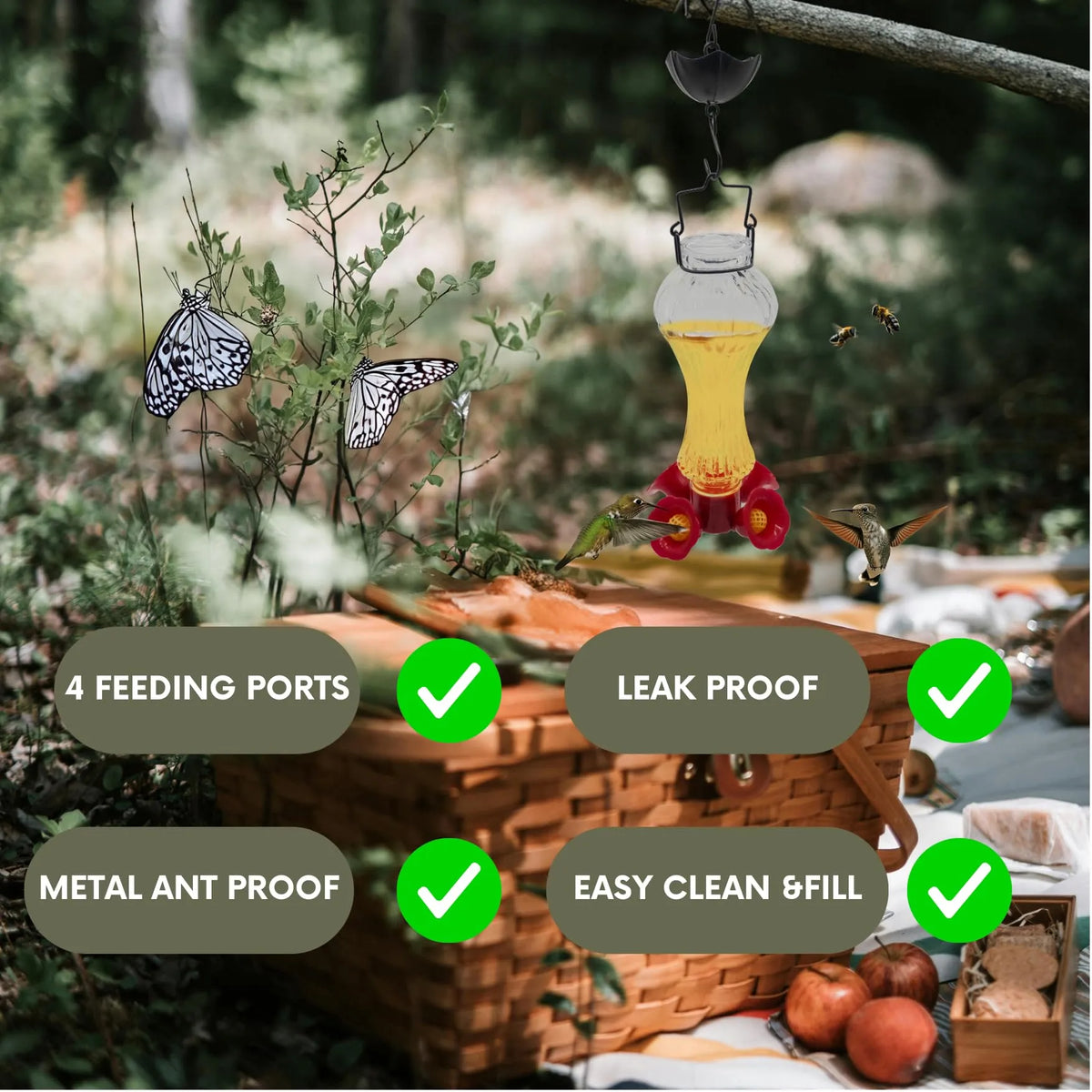 Glass hummingbird feeder with flowers design and ant moat, by Belro, ideal for home and garden decor.