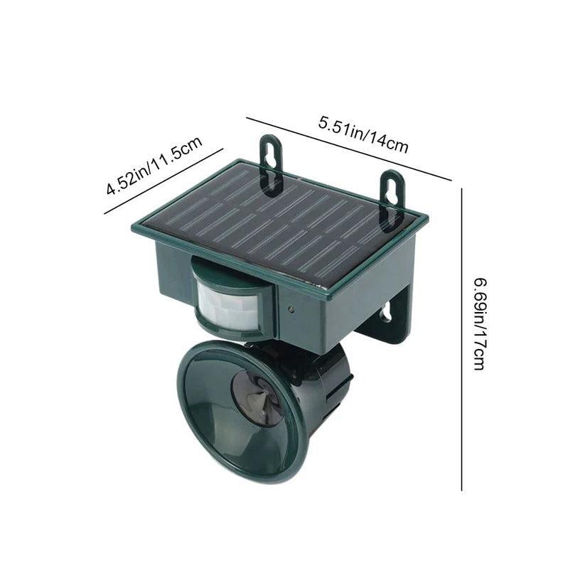 Belro motion sensor bird deterrent device for crows and pigeons, with sound scarer for outdoor pest control.