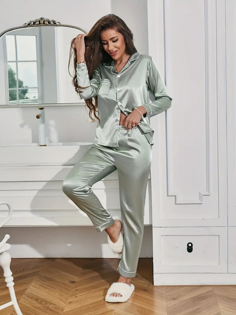 Women’s high-quality Belro pajama set with soft fabric, featuring a button-up top and matching pants, perfect for comfortable sleepwear.