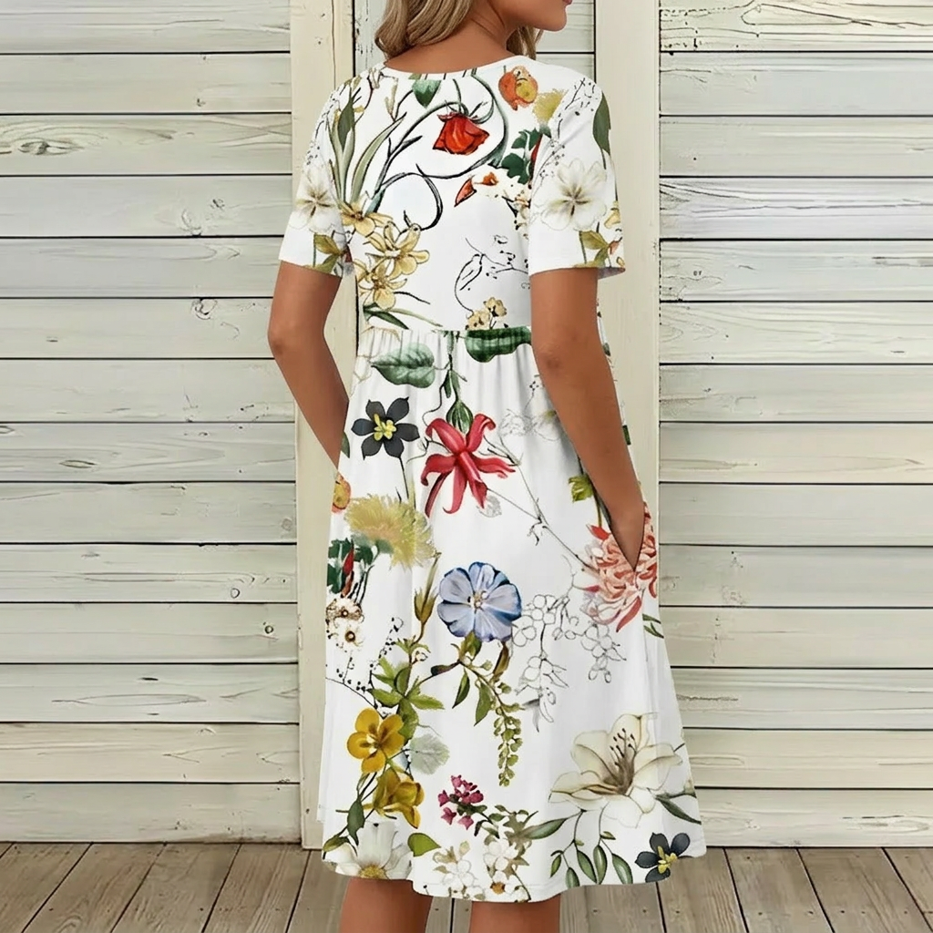 White floral pattern dress by Belro, stylish women's clothing with a flowy design and vibrant flower print.