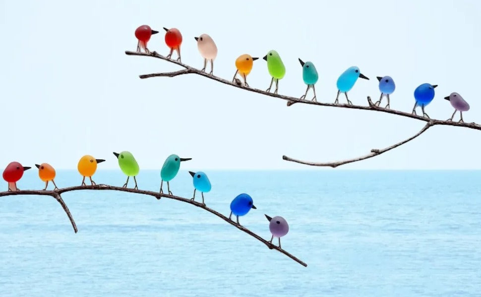 Sea glass bird decor with coastal love notes, Belro home and garden coastal decor, featuring colorful glass birds and decorative notes.