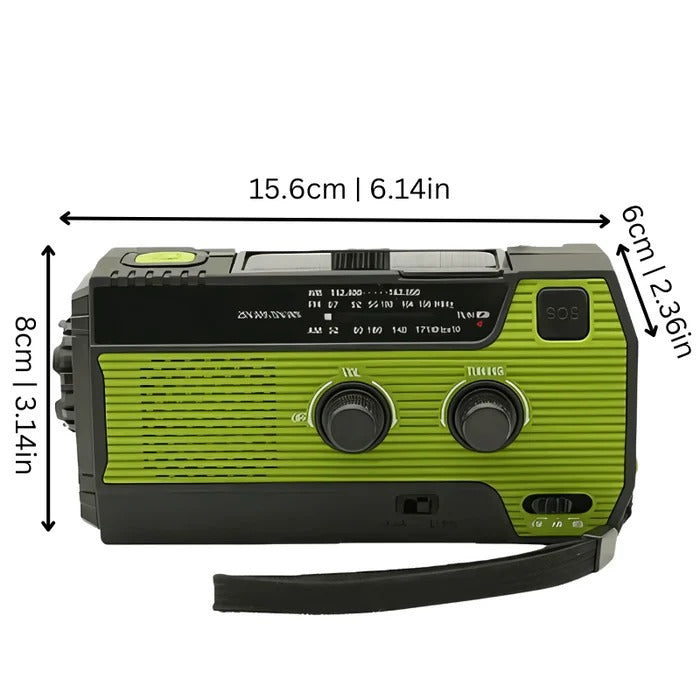 Belro emergency radio in black, with digital display and solar panel, designed for portable audio and emergency preparedness.