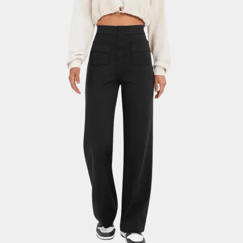 Belro casual high-waisted women's trousers in neutral fabric, displayed on a model, emphasizing comfortable, stylish fit.