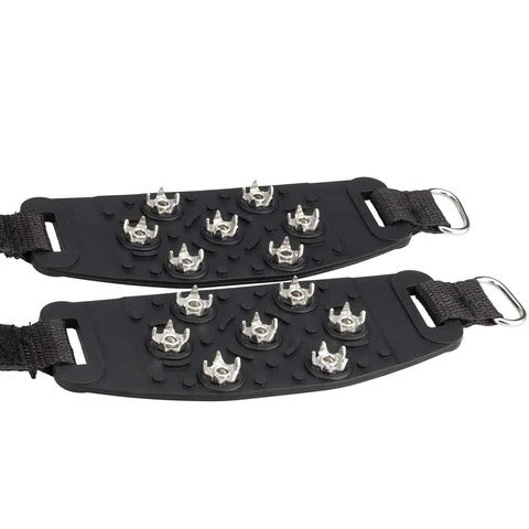 Belro adjustable snow and ice cleats attached to shoes for improved traction on icy outdoor surfaces.