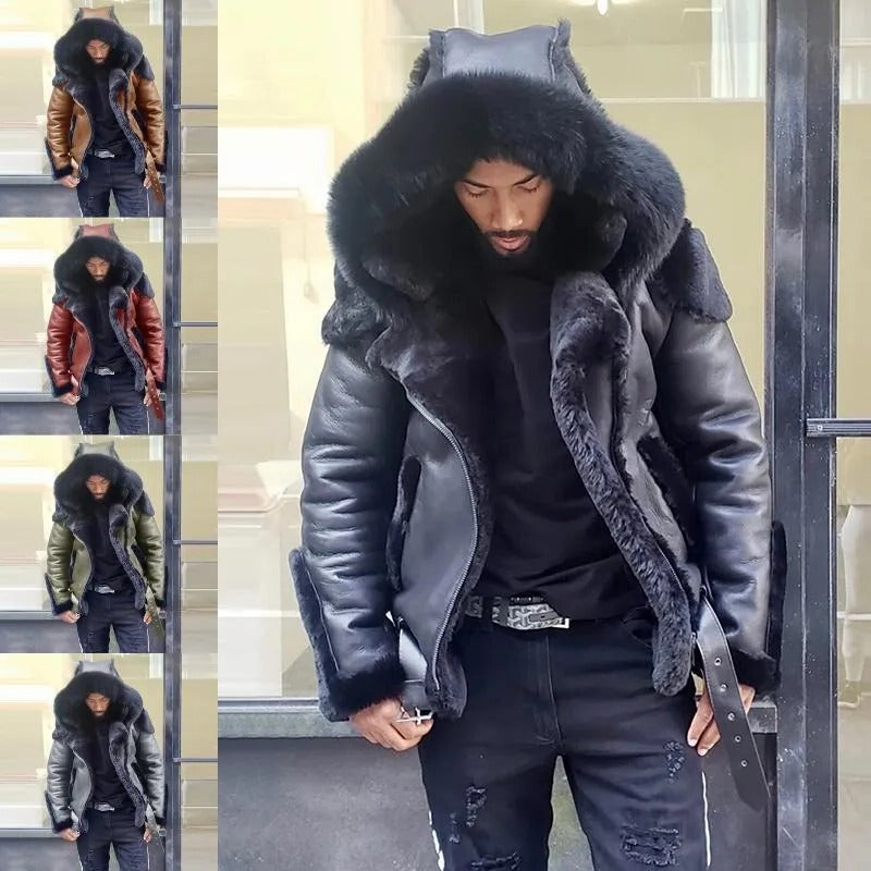 Belro sheepskin leather motorcycle jacket with fur hood, men's winter coat, warm and stylish for cold weather riding.