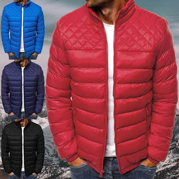 Men's Belro waterproof and windproof quilted jacket with a high collar and front zipper, suitable for cold, rainy weather.