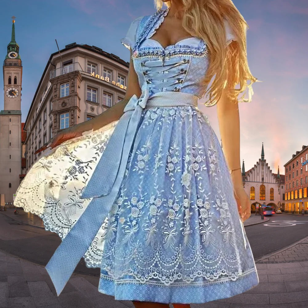 Belro Oktoberfest dress featuring traditional Bavarian style with lace-up bodice and floral embroidery, perfect for festive celebrations.