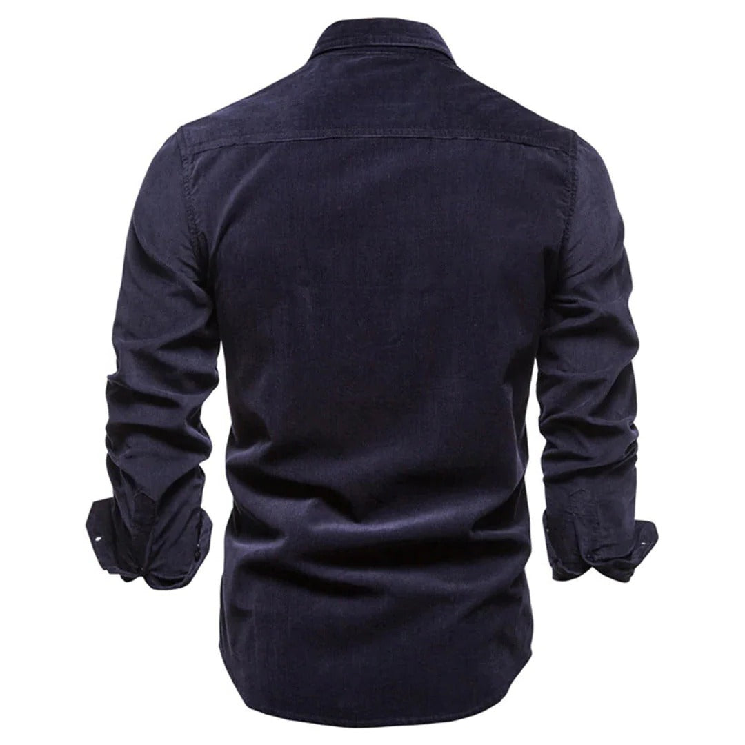 Men's Belro corduroy shirt in a classic style, shown in a close-up view highlighting the textured fabric and button details.