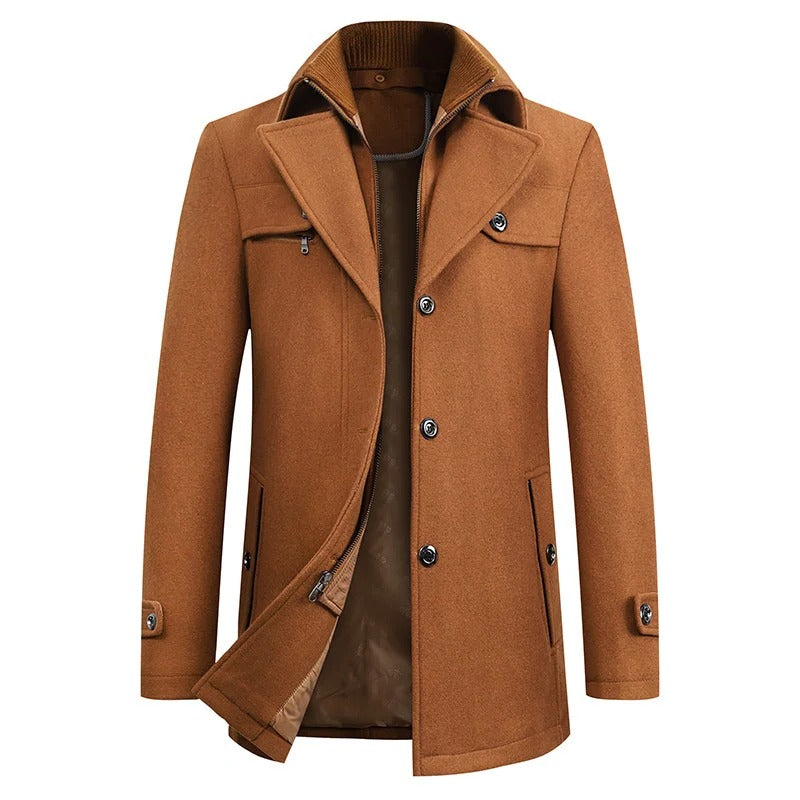 Belro waterproof winter business coat displayed on a hanger, showing its sleek black design and winter-ready, waterproof fabric.