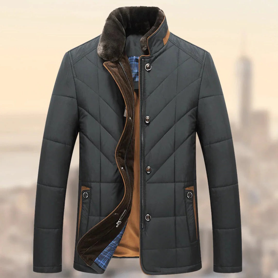 Belro men's sophisticated winter coat, stylish and warm, shown in a full view of the dark-colored jacket with a high collar and zipper.
