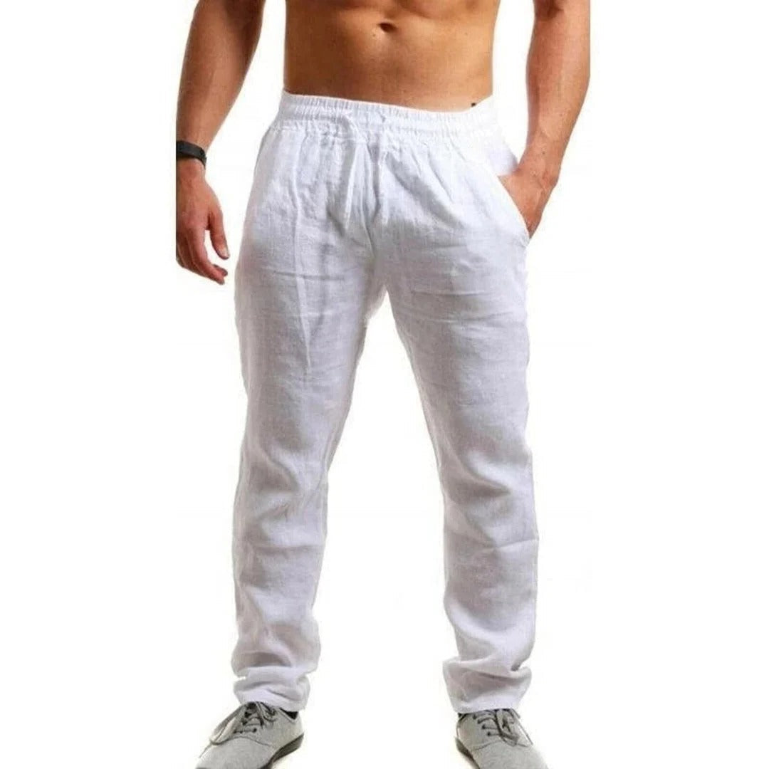 Belro men's linen summer pants, lightweight and breathable clothing for warm weather, shown in beige with a relaxed fit.