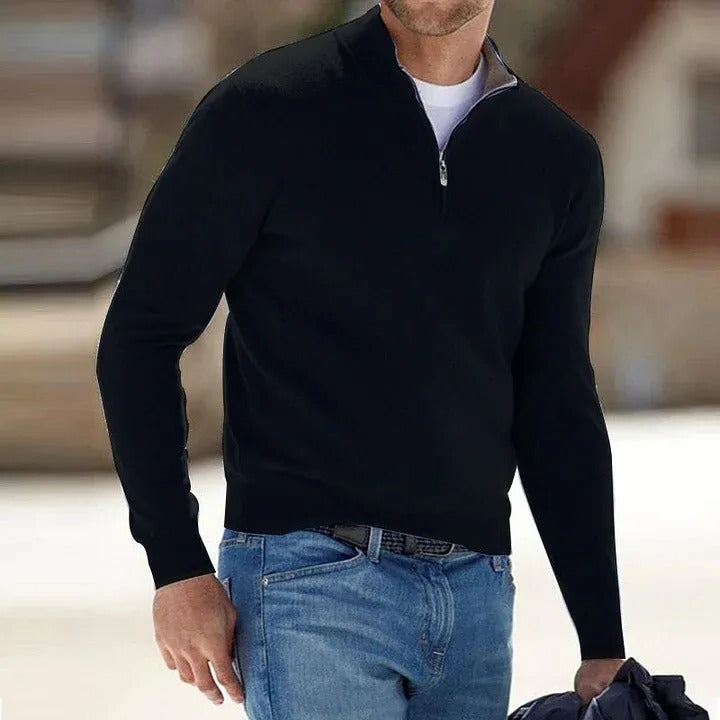 Men's Belro Cashmere Zipper Basic Sweater, featuring a sleek design with a zipper closure in a soft, high-quality knit fabric.