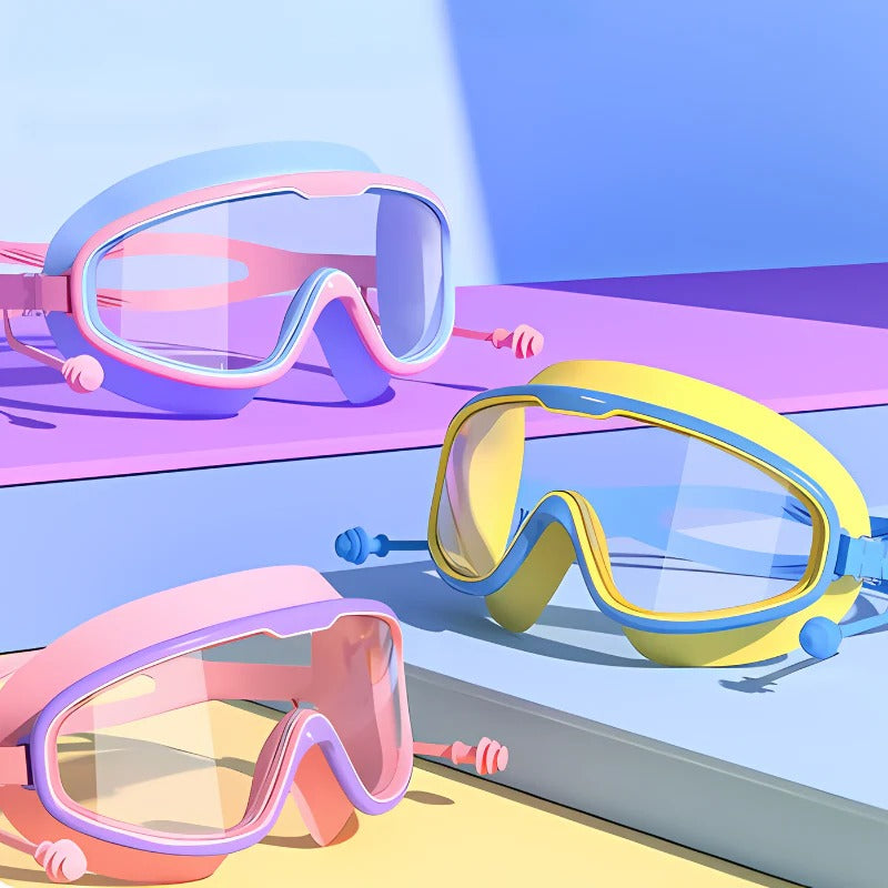 Belro kids swim goggles with anti-fog lenses and wide view, designed for comfortable fit and clear underwater vision.