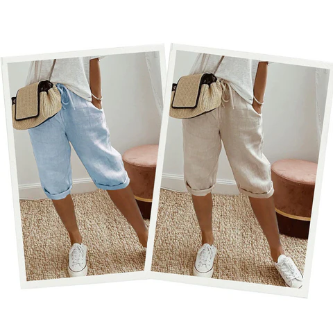 Belro women's linen-look knee breeches, fashionable and trendy leggings, shown in a natural pose highlighting the stylish fabric and fit.