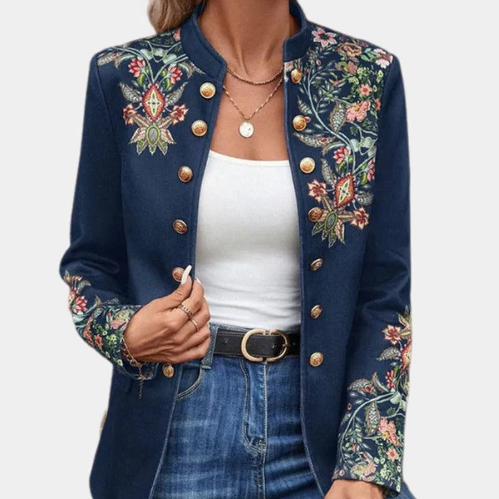 Belro women's floral blazer with vibrant flower print, tailored fit, and classic lapel for stylish office or casual wear.