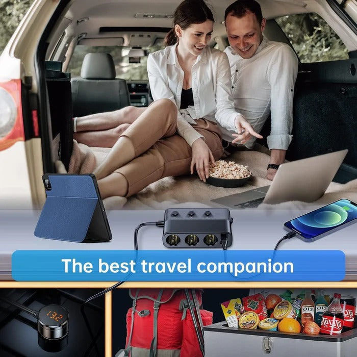Belro 7-in-1 car cigarette lighter adapter with multiple USB ports and charging outlets for electronic devices in vehicle.