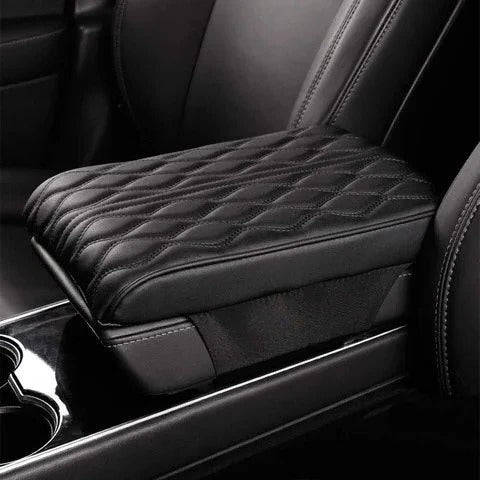 Belro leather car armrest box pad showcasing universal automotive style, with a sleek black leather finish and padded comfort.