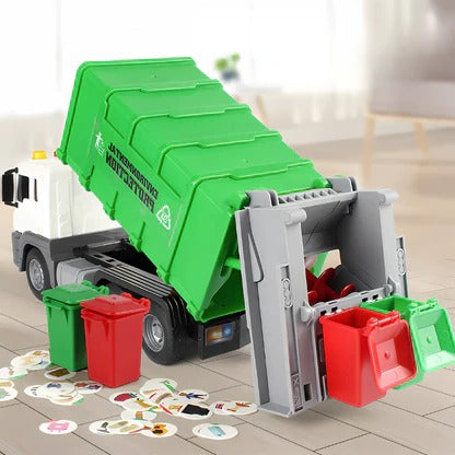 Belro interactive garbage truck toy for kids, featuring colorful automotive design with moving parts and realistic details.