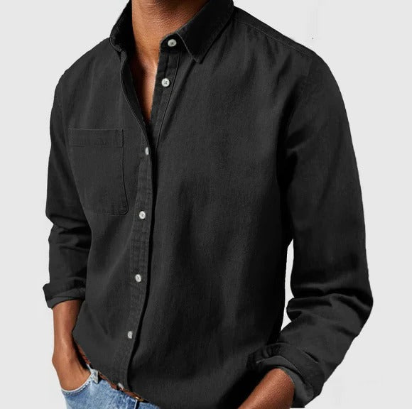 Belro cotton shirt, casual men's clothing, lightweight white shirt with button-down front and collar, hanging on a wooden hanger