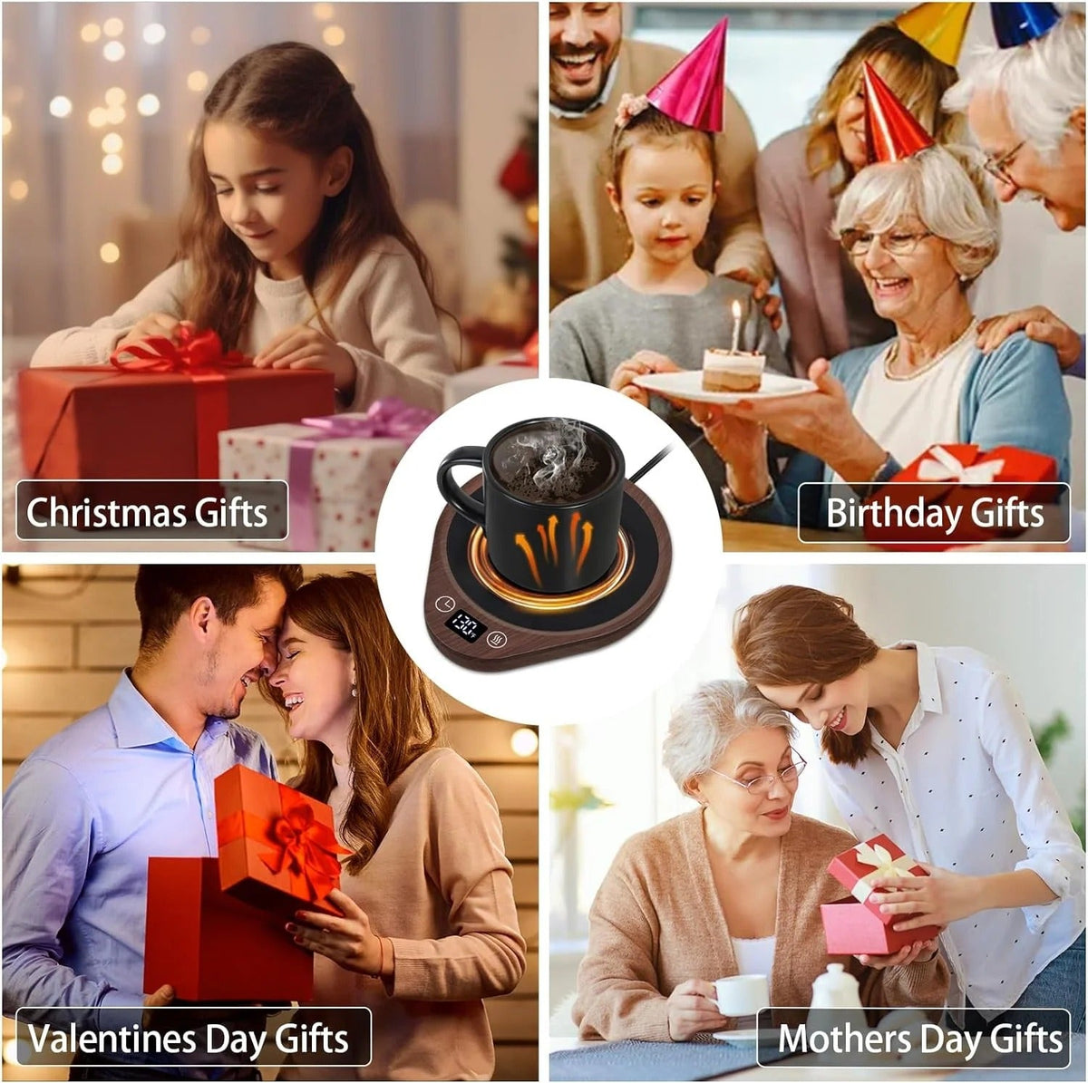 Belro coffee mug warmer set with electronic heating plate, black surface, and control knob, designed to keep mugs warm.