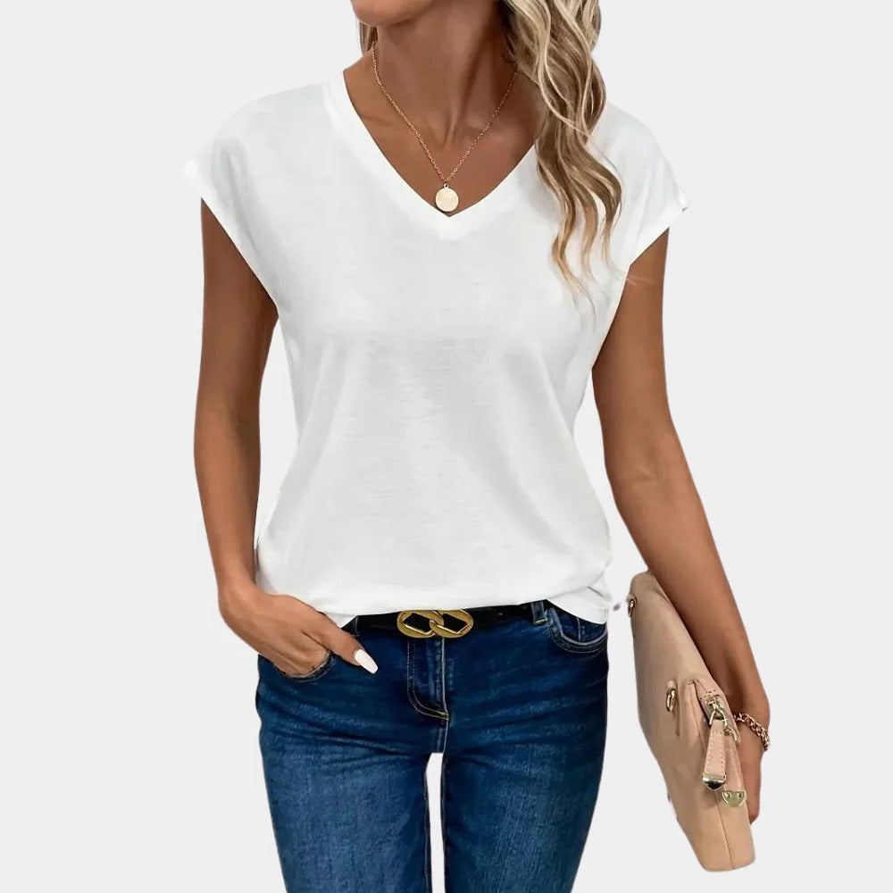 Casual women's V-neck T-shirt by Belro, light-colored fabric, relaxed fit, displayed on a hanger.