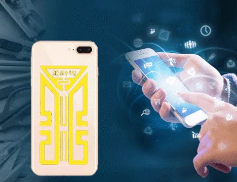 Belro cell phone signal enhancement stickers on a smartphone, boosting signal strength with discreet electronic signal booster stickers.
