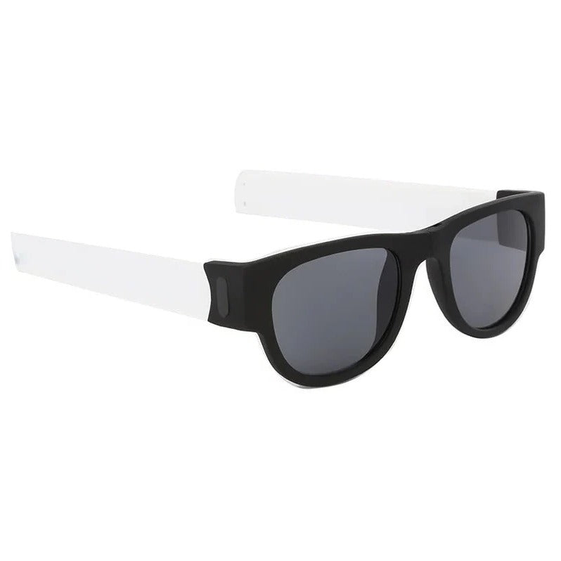 Belro folding slap sunglasses with black frames and dark lenses, compact and stylish eyewear accessory.