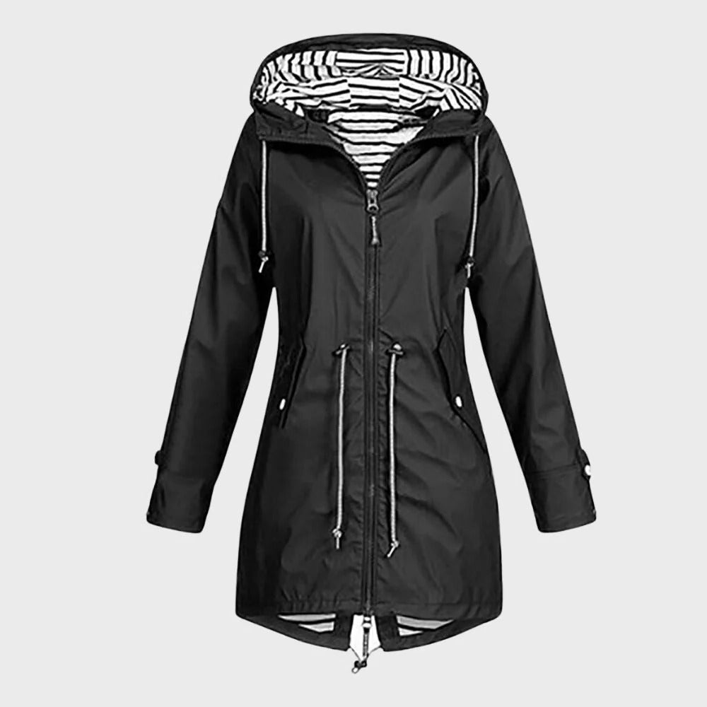 Belro long rain jacket for women, waterproof outerwear with a hood and full-length zipper, ideal for rainy weather.