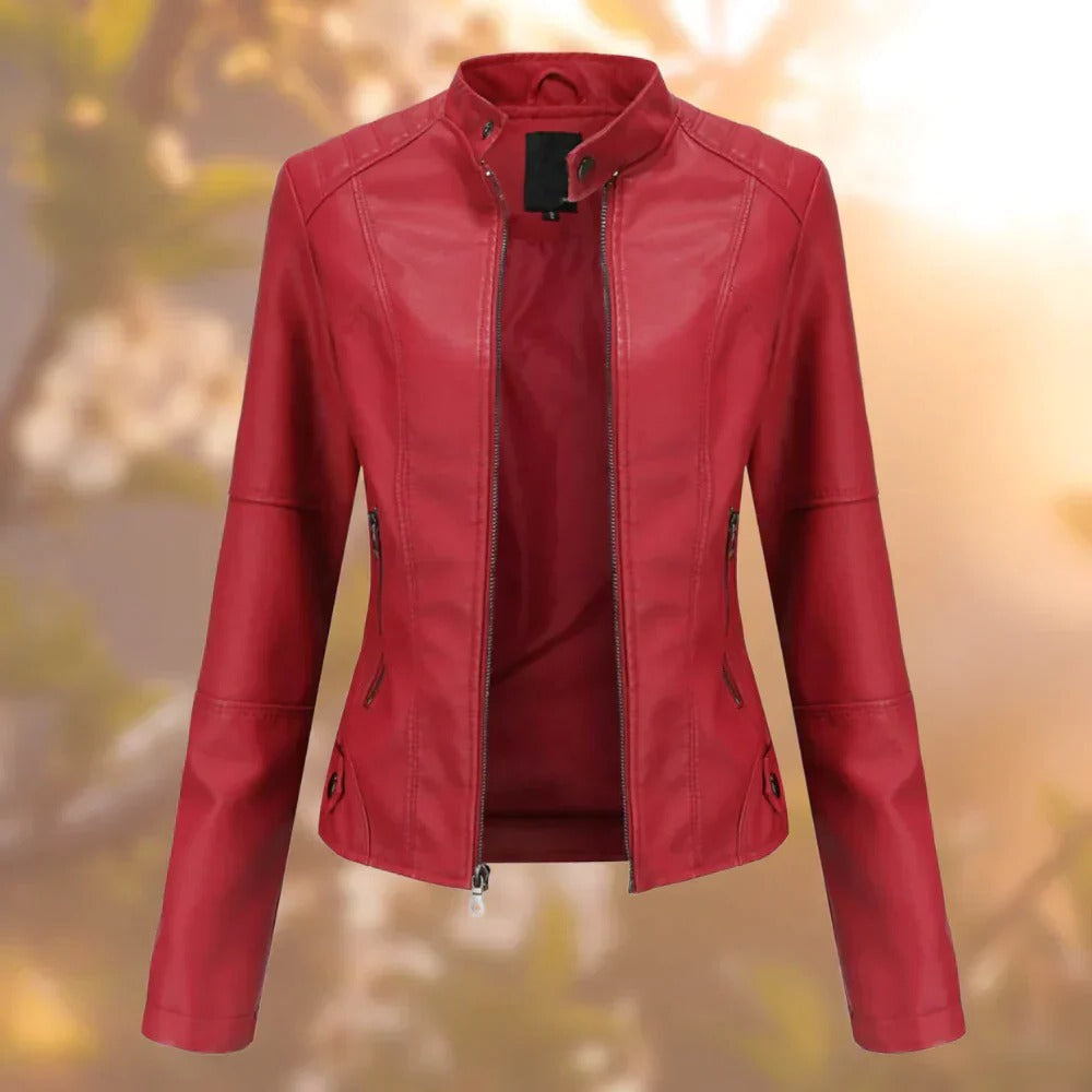 Belro women's leather jacket displayed on model, featuring classic design and stylish collar for a versatile outerwear look.