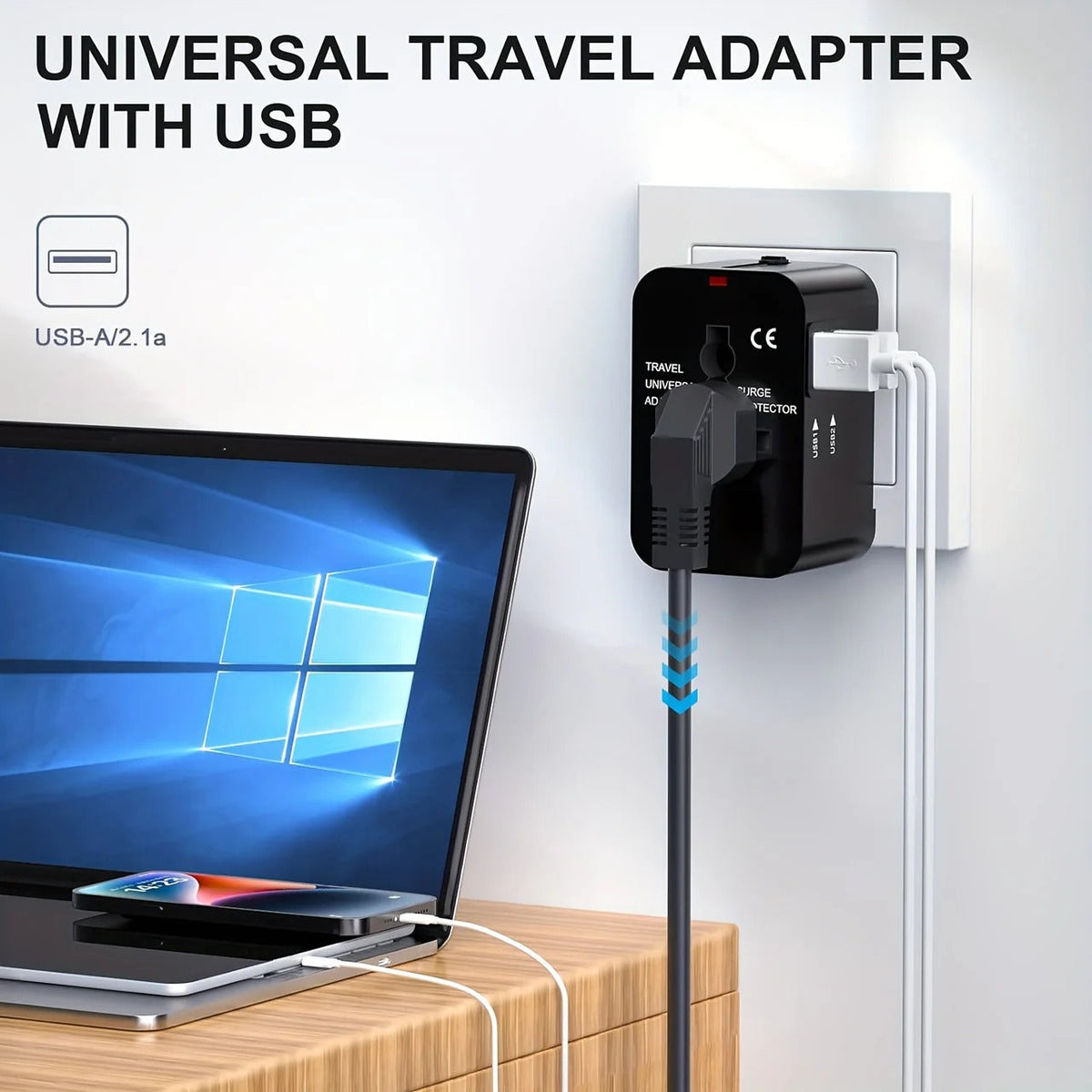 Belro worldwide travel adapter with dual USB charging ports, compact electronics accessory for international travel.