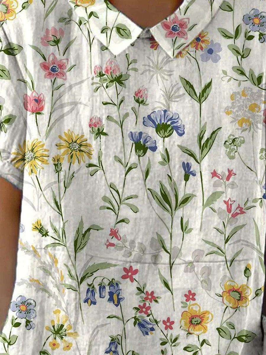 Women's casual cotton linen shirt with retro floral print, Belro brand, featuring short sleeves and relaxed fit.