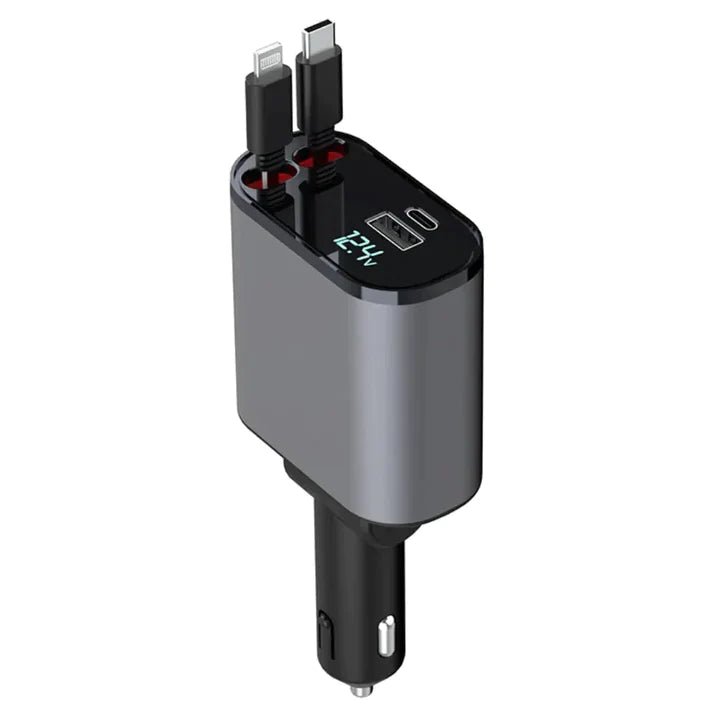 Belro dual retractable car charger with USB ports, compact electronic charging device for vehicle power needs.