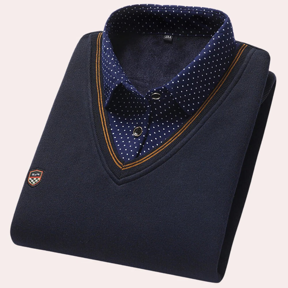 Belro men's shirt collar sweater showing a close-up of the collar and fabric texture in a neutral setting