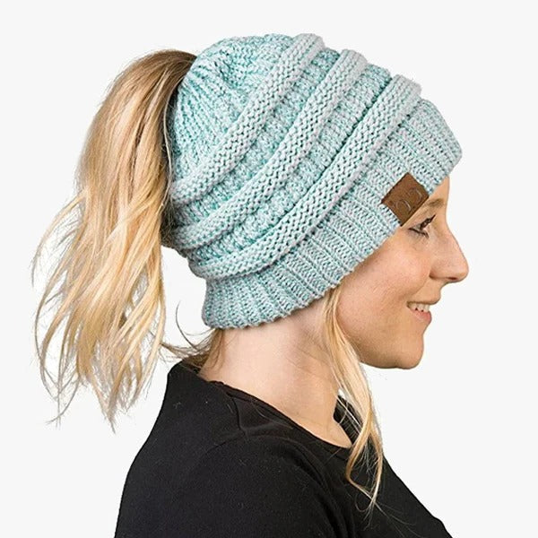 Belro solid ribbed knit ponytail beanie with messy bun design, women's hair accessory, cozy ribbed cap for casual wear