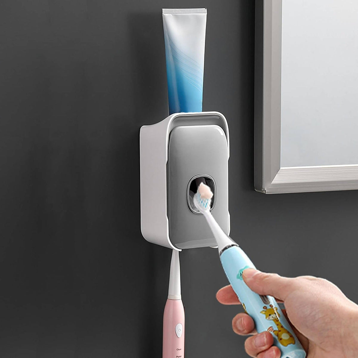 Wall-mounted Belro automatic toothpaste dispenser for easy, hygienic oral care in health and beauty bathroom settings.