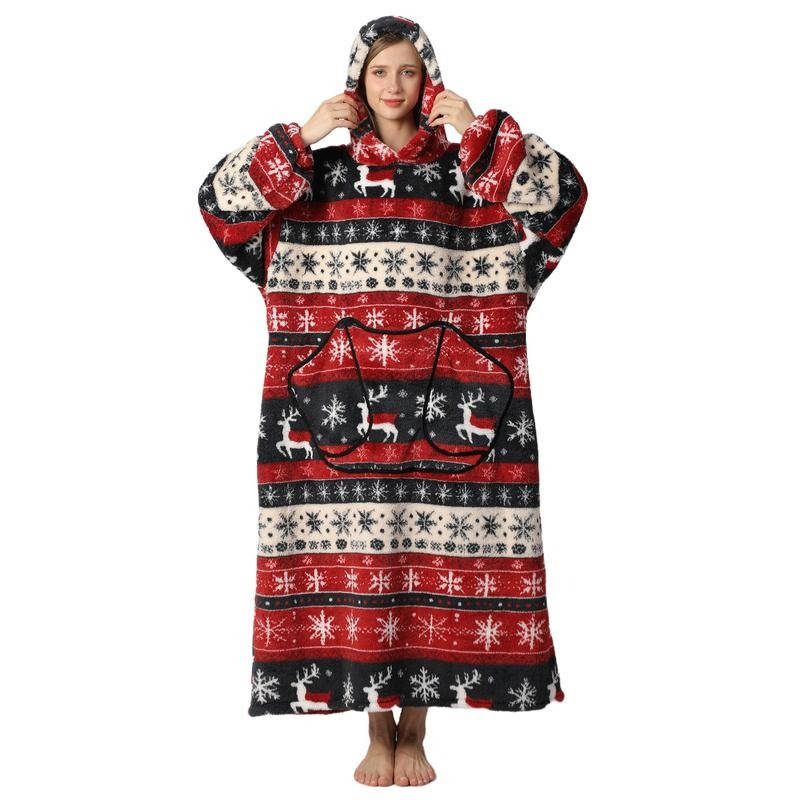 Belro long wearable blanket hoodie worn as sleepwear, featuring soft fabric and cozy fit for comfortable lounging.