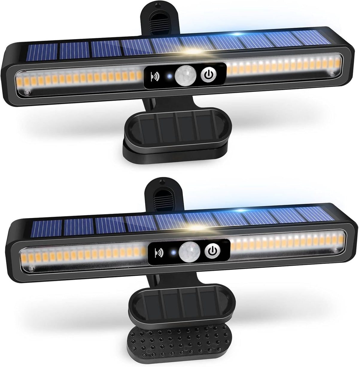 Two portable solar fence lights by Belro for outdoor home and garden use, featuring sleek design and solar-powered illumination.