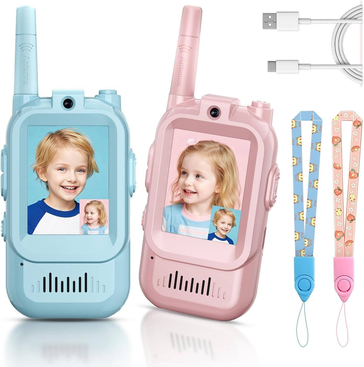 Belro kids walkie talkies set with video, voice, and chat features, designed for children, shown in the image.