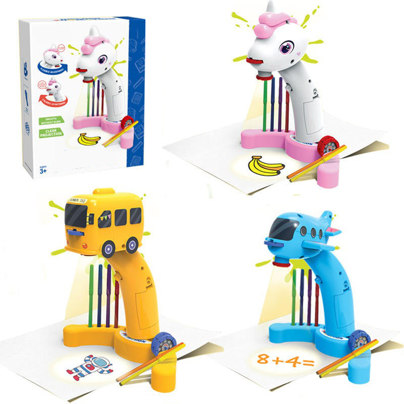 Belro drawing projector for kids toy, showing colorful projection on a wall with children drawing and having fun.