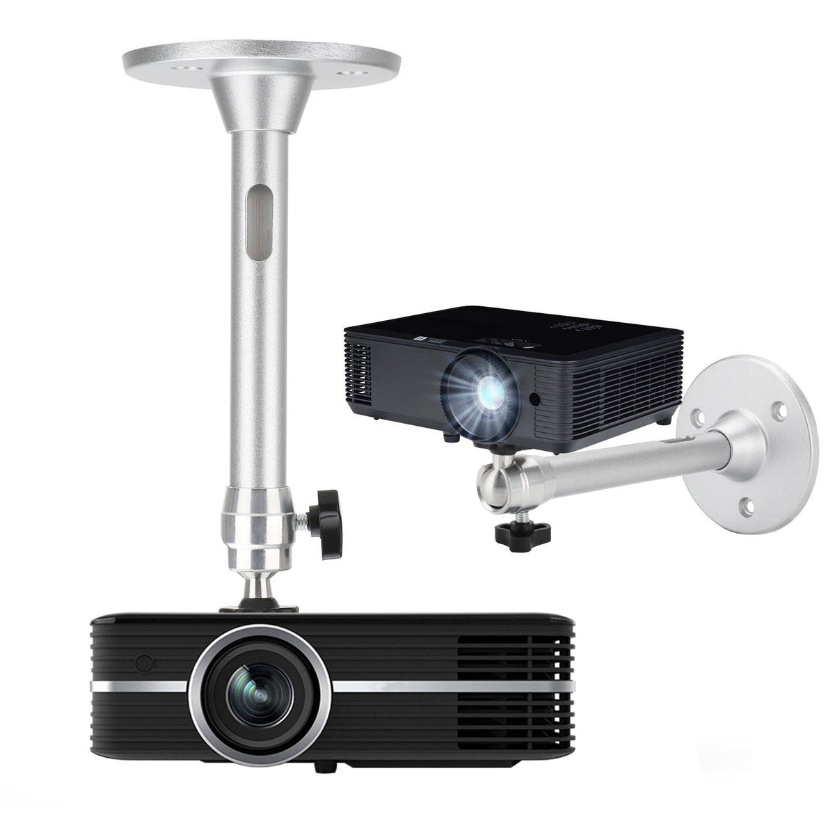 Belro universal projector ceiling mount kit installed on ceiling, adjustable metal bracket for electronics and display projectors.