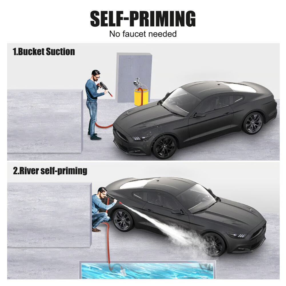 Belro cordless portable high pressure spray water gun set for men, shown in use with water stream and adjustable nozzle.