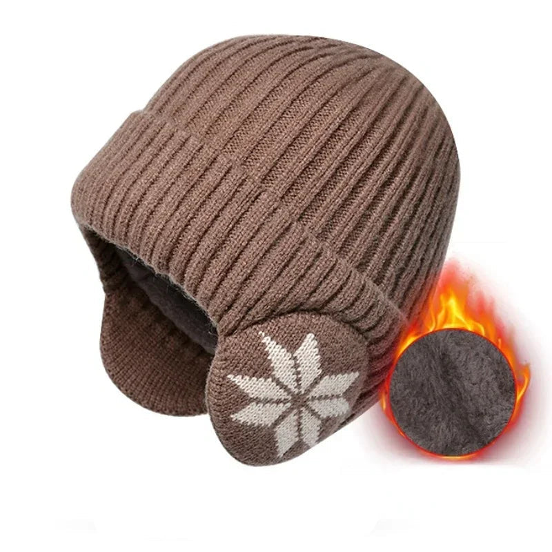Khaki unisex winter knit beanie with ear protection, Belro brand, cozy accessories for cold weather.