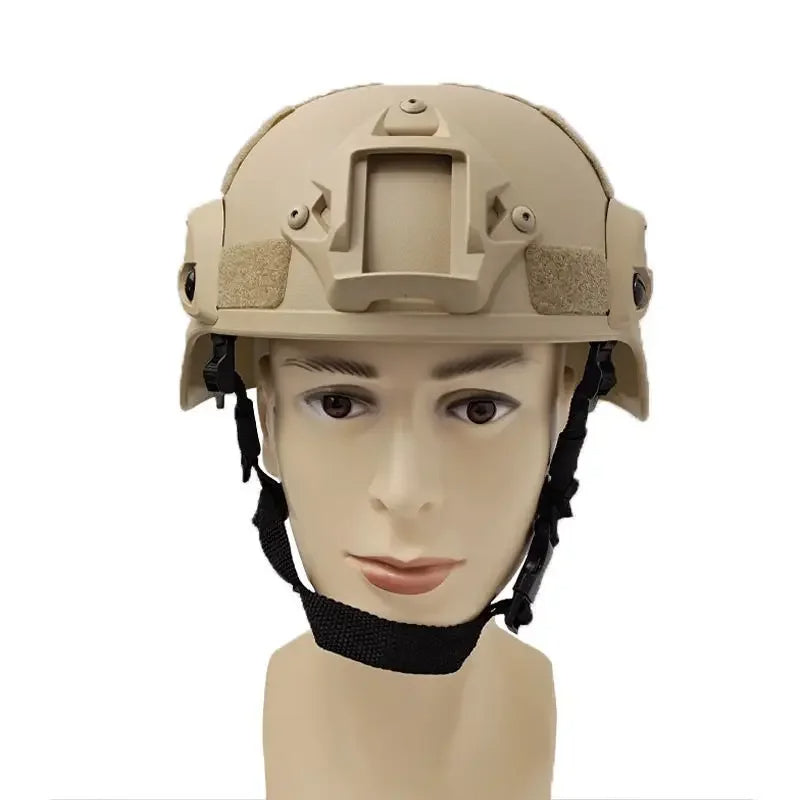 Khaki tactical helmet from Belro for outdoor games, featuring adjustable straps and durable construction for outdoor activities.